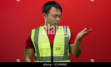 Junger Mann in reflektierender Weste steht verwirrt vor einem leuchtend roten Hintergrund, der Verwirrung und Gedanken vermittelt. Stockfoto