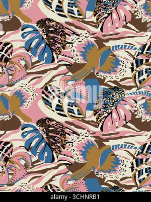 Abstraktes kreatives nahtloses Muster mit tropischen Pflanzen und künstlerischem Hintergrund, ethnische Herkunft, Blätter, Blatt, nahtloses Muster Stock Vektor