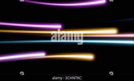 Farbenfrohe horizontale Neonlinien, die auf dunklem Hintergrund leuchten, schaffen futuristischen und High-Tech-visuellen Effekt mit abstrakter Lichtströmung Stockfoto