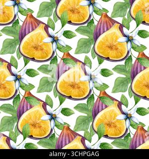 Muster von Feigen, Blumen und Blättern. Aquarell von tropischen Früchten, weißen Blumen und Blättern isoliert auf weißem Hintergrund. Gut für Textilien Stockfoto
