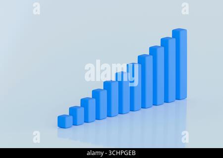 Abstrakte 3D-Illustration eines blauen vertikalen Balkendiagramms mit Wachstum auf hellem pastellfarbenem Hintergrund. Sauberes, modernes Geschäftskonzept. Stockfoto