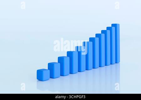 Abstrakte 3D-Illustration eines blauen vertikalen Balkendiagramms mit Wachstum auf hellem pastellfarbenem Hintergrund. Sauberes, modernes Geschäftskonzept. Stockfoto