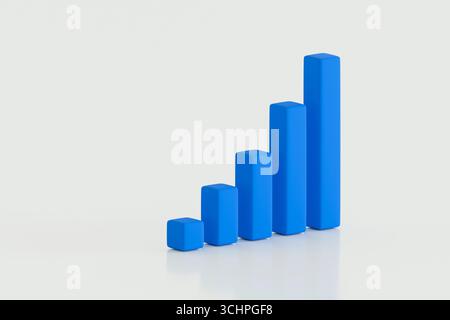 Abstrakte 3D-Illustration eines blauen vertikalen Balkendiagramms mit Wachstum auf hellem pastellfarbenem Hintergrund. Sauberes, modernes Geschäftskonzept. Stockfoto