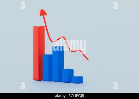 3D-Diagrammabbildung mit einem roten Pfeil und abnehmenden blauen Balken auf hellem Hintergrund, die einen Verlust-, Abfall- oder negativen Trend darstellen. Stockfoto