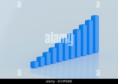Abstrakte 3D-Illustration eines blauen vertikalen Balkendiagramms mit Wachstum auf hellem pastellfarbenem Hintergrund. Sauberes, modernes Geschäftskonzept. Stockfoto