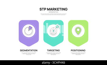STP Marketing Framework Modell Infografik Diagramm Vorlage mit Symbol für Präsentation bietet Segmentierung und Targeting, Positionierung. Zielmarkt Stock Vektor
