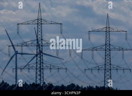 Klein Rogahn, Deutschland. September 2025. Stromübertragungsleitungsmasten stehen vor einer Umspannstation. Die Bundesregierung hat beschlossen, die Netzgebühren zu senken. Davon dürften auch private Haushalte profitieren. Die Steuererleichterungen für Unternehmen des verarbeitenden Gewerbes sowie der Land- und Forstwirtschaft sollen dauerhaft eingeführt werden. Quelle: Jens Büttner/dpa/Alamy Live News Stockfoto