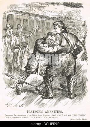 Punch cartoon of 1912 captioned "Platform amenities" showing fighting between President William Howard Taft  and  ex president Theodore Roosevelt. Taft as conductor of the White House Express is telling Taft he can't go on the train and Roosevelt is replying to say well if I can't you shan't. Stockfoto