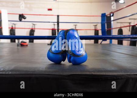 Ein Paar blaue Boxhandschuhe hängen am mittleren Ringseil in der Boxhalle und zeigen schwarze Boxsäcke Stockfoto