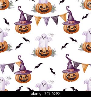 Nahtloses Halloween-Muster mit Kürbissen in Aquarellen, Geistern, Hexenhüten, Fledermäusen und festlichen Fledermaus. Ideal für saisonale Geschenkpapiere und Textilien Stockfoto