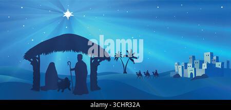 Silhouette der Krippe der Heiligen Familie in einer blauen Landschaft mit dem Sternenhimmel von Bethlehem Stock Vektor