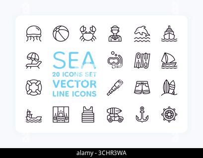 Meeressymbole. Sommerreisen. Meeresfische. Segelboot oder Marine-Wasserwelle. Seemann-Anker. Kompass für Segelboote. Ocean Journey Schiff. Bootstour mit Yachten. Sonnenliege. Schnorchelbrille. Vektorlinienelemente festgelegt Stock Vektor