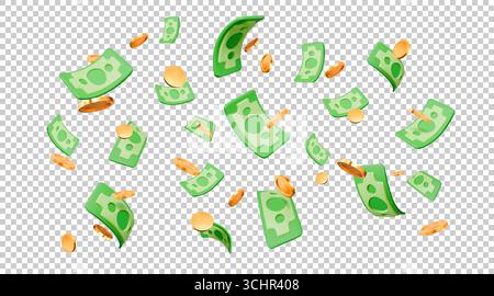 Fallendes Geld. 3D-fliegende Bargeld. Dollarscheine. Goldmünzen. Grüne Papierscheine Regen. Finanzielle Cashback. Casino gewinnen. Währung rendern. Finanzjackpot. Vektor-Cartoon-Reichtum auf transparentem Hintergrund Stock Vektor