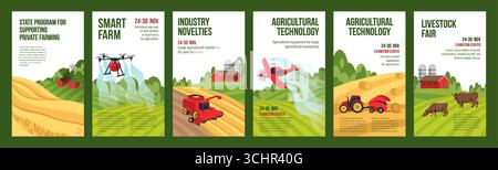 Poster „Landwirtschaftsbetrieb“. Weizenfeld. Agrartechnologie. Landschaft des Dorfes mit Farmland. Viehweide. Ländliche Landschaft. Rahmenstütze. Traktor für den Landwirtschaftsbetrieb. Agronomie-Drohne. Vektor-Banner-Set Stock Vektor