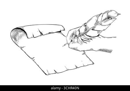 Vintage-Scroll. Handschrift mit Federstift. Zeichnung der Linienskizze. Signatur von Pergamentdokumenten. Chronik-Autor. Alte Notizpapierunterschrift. Gerissenes Manuskript. Mittelalterlicher Brief. Vektorgravierelement Stock Vektor