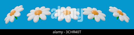 3D-Gänseblümchen. Weiße Frühlingskamille. Sommer Kunststoff Garten Kamille oder Schönheit Hochglanz Pflanze. Blütenblätter. Blühende Wildblumenknospen Ansichtswinkel. Botanische Elemente. Set mit Blumensymbolen für Vektor-Rendern Stock Vektor