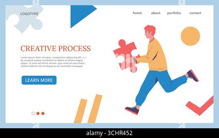 Landing-Page für kreative Prozesse. Brainstorming für die Geschäftsarbeit. Geschäftsmann auf der Suche nach einer innovativen Idee. Kreative Lösung. Website-Vorlage. Mann mit Rätseln. Kreative Herausforderung. Vektorwebhintergrund Stock Vektor