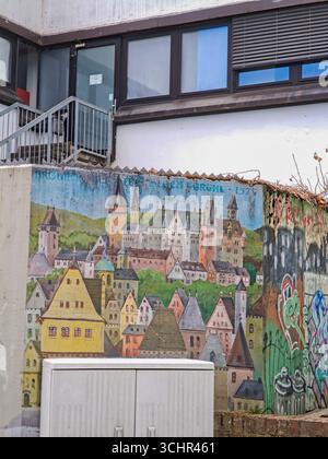 Wandmalerei an einer Wand vor einem Gebäude, Stadt Brühl, Nordrhein-Westfalen, Deutschland, Europa Stockfoto