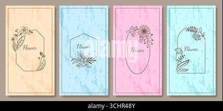 Blumenkränze. Botanische Liniendekoration. Umrissrahmen mit Blumenmuster. Gestalten Sie das Design der Gartenblüten. Hochzeitsrosenränder. Kräuterblüte Zweige. Sommerwiese Wildblume. Vektorzeichnung Einladungskarten Set Stock Vektor
