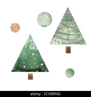 Set aus Aquarell-Weihnachtsbaum im Hygge-Stil in grüner Farbe mit Muster. Isolierte handgezeichnete Illustration für Silvester und Weihnachten Desi Stockfoto
