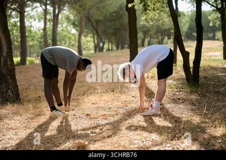 Zwei männliche Athleten, die sich in einem sonnigen Park ausstrecken Stockfoto