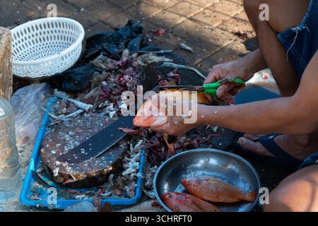 Fischhändler säubern Fische zum Verkauf in einem traditionellen Stand für frischen Fisch und Meeresfrüchte in Indonesien Stockfoto