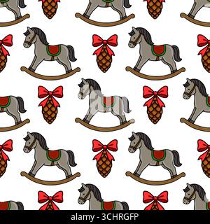 Nahtloses Vektormuster mit bezaubernden grauen Schaukelpferden und festlichen Tannenzapfen, die mit roten Bögen verziert sind, schaffen ein entzückendes Weihnachtsmotiv Stock Vektor
