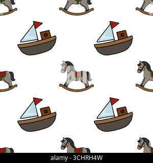 Nahtloses Vektormuster mit bezaubernden Illustrationen von Schaukelpferden und Spielzeugsegelbooten, perfekt für Kinderprodukte und verspielte Designs. Stock Vektor
