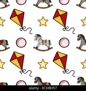 Nahtloses Vektormuster mit bezaubernden Illustrationen von Schaukelpferden, Drachen, Sternen und Ballons, perfekt für Kinderprodukte und festliche des Stock Vektor