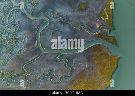 Flüsse, die in Richtung der Bucht fließen – aus der Vogelperspektive – breite Gezeitenflüsse und verzweigte Bäche schlängeln sich durch ausgedehnte Salzwiesen. Stockfoto