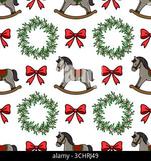 Nahtloses Vektormuster mit bezaubernden Illustrationen von Schaukelpferden, festlichen Kränzen und leuchtenden roten Bögen, die ein fröhliches Weihnachtsmotiv schaffen Stock Vektor