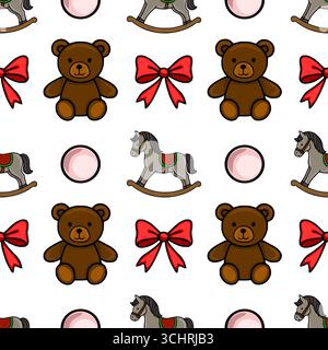 Nahtloses Vektormuster mit entzückenden Teddybären, Schaukelpferden und festlichen roten Schleifen, perfekt für Kinderprodukte oder Urlaubsmotive. Stock Vektor