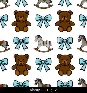 Nahtloses Vektormuster mit bezaubernden Illustrationen von Teddybären, Schaukelpferden und hellblauen Bögen, die ein verspieltes und nostalgisches Design schaffen Stock Vektor