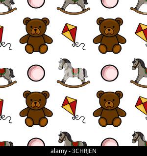 Nahtloses Vektormuster mit entzückenden Cartoon-Teddybären, Schaukelpferden und Drachen, verspielt auf weißem Hintergrund mit rosa Zigarre angeordnet Stock Vektor