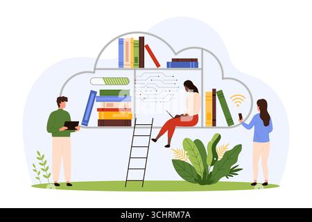 Studenten, die Laptops verwenden und Bücher in einer digitalen Cloud-Bibliothek lesen, die Online-Bildung, KI-Technologie und Teamarbeit darstellen, isoliert auf weißem Hintergrund Vektorillustration Stock Vektor