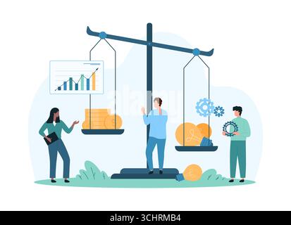 Geschäftsleute vergleichen den Wert von Ideen und Geld auf einer Skala und analysieren Projektgewinn und Finanzstrategie für Investitionsentscheidungen, isoliert auf weißem Hintergrund Vektorillustration Stock Vektor