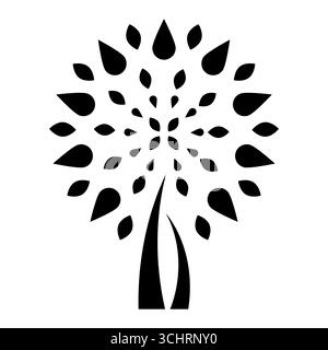 Abstrakter Baum mit Blattmuster. Abstrakter Baum, der aus stilisierten Blättern und tropfenförmigen Elementen erstellt wurde, die in einem Kreismuster angeordnet sind. Stock Vektor