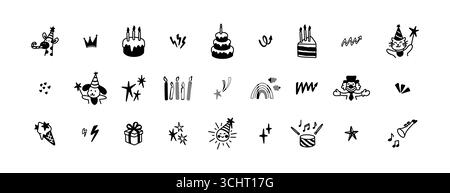 Set mit niedlichen Linien Doodle Kindergeburtssymbolen. Kronenform, Explosionseffekt, Ballschlag, Musiknote und Schlagzeug. Skurriles kindliches Tattoo-Set. Ca Stock Vektor