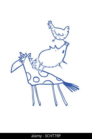Lustige Doodle-Farm-Tiere-Kollektion mit urigen Zeichentrickmotiven im Vintage-Stil Stock Vektor