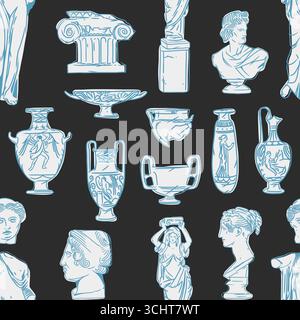 Hand gezeichnete Vektor abstrakte Grafik, griechische alte Skulptur Statuen und Säulenlinie Kunst modernes nahtloses Muster. Antike Graffiti psychedelische Skulptur Stock Vektor