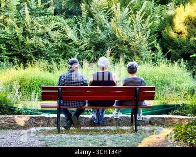 Drei alte Leute sitzen auf Einer Parkbank und beobachten die Ducks im Teich. Von Hinten Fotografiert Stockfoto