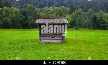Altes kleines Holzhaus auf einer breiten grünen Wiese mit dichtem Wald im Hintergrund Stockfoto