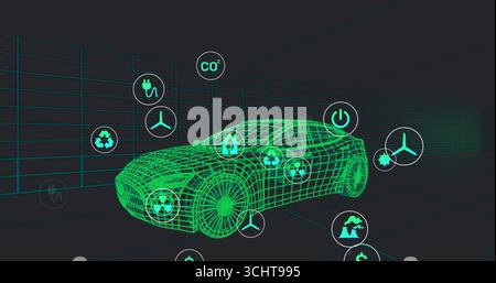 Schwebendes neongrünes 3D-Drahtmodell-Auto, das sich in einer virtuellen Gitterkammer dreht, mit schwebenden Energiesymbolen Stockfoto
