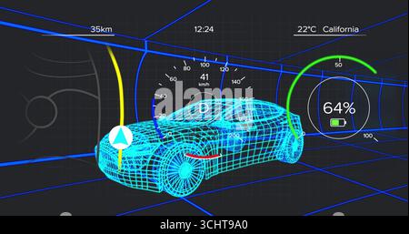 Anzeige der Wireframe-Limousine, die sich in einem virtuellen Tunnel bewegt, mit Tachometer und Navigationspfeil Stockfoto