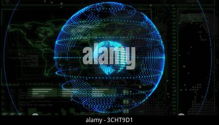 Anzeige einer leuchtend blauen holografischen Kugel in der Computersteuerschnittstelle, mit binären Codeströmen Stockfoto
