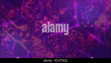 Anzeigen von leuchtenden Netzwerkleitungen und Schaltungskurven mit verbundenen Knoten im virtuellen Cyberspace Stockfoto