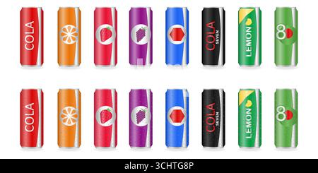Alkoholfreie Getränke oder Soda-Dosen-Set. Vektorillustration isoliert auf weißem Hintergrund. Stock Vektor