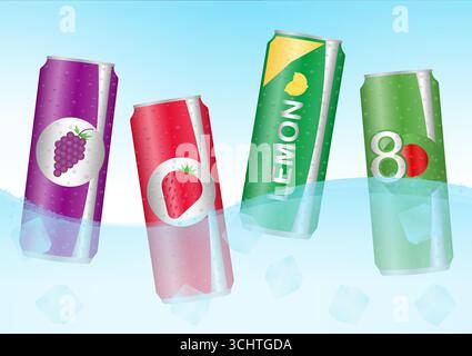 Kalte und frische alkoholfreie Getränke oder Soda-Dosen. Kaltes Fizzy-Getränk. Vektorabbildung. Stock Vektor