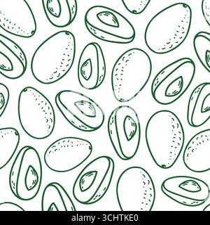 Nahtloses grafisches Muster von Avocado in minimalistischem Stil. Handgezeichnete grüne Strichkunst von ganzen Früchten und geschnittenen Scheiben isoliert auf einem weiß Stock Vektor