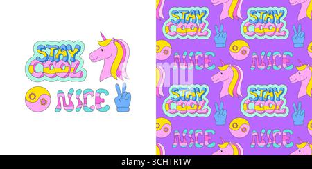 Retro-Sticker Happy Funny Cartoon nahtloses Muster. Psychedelische Comic Sticker trendige 90er Jahre Zeichentrickfilm grenzenloser Hintergrund. Bleib kühl und schön endlos-Vektor für Print Textil Stoff Wrapper Vorlage Stock Vektor